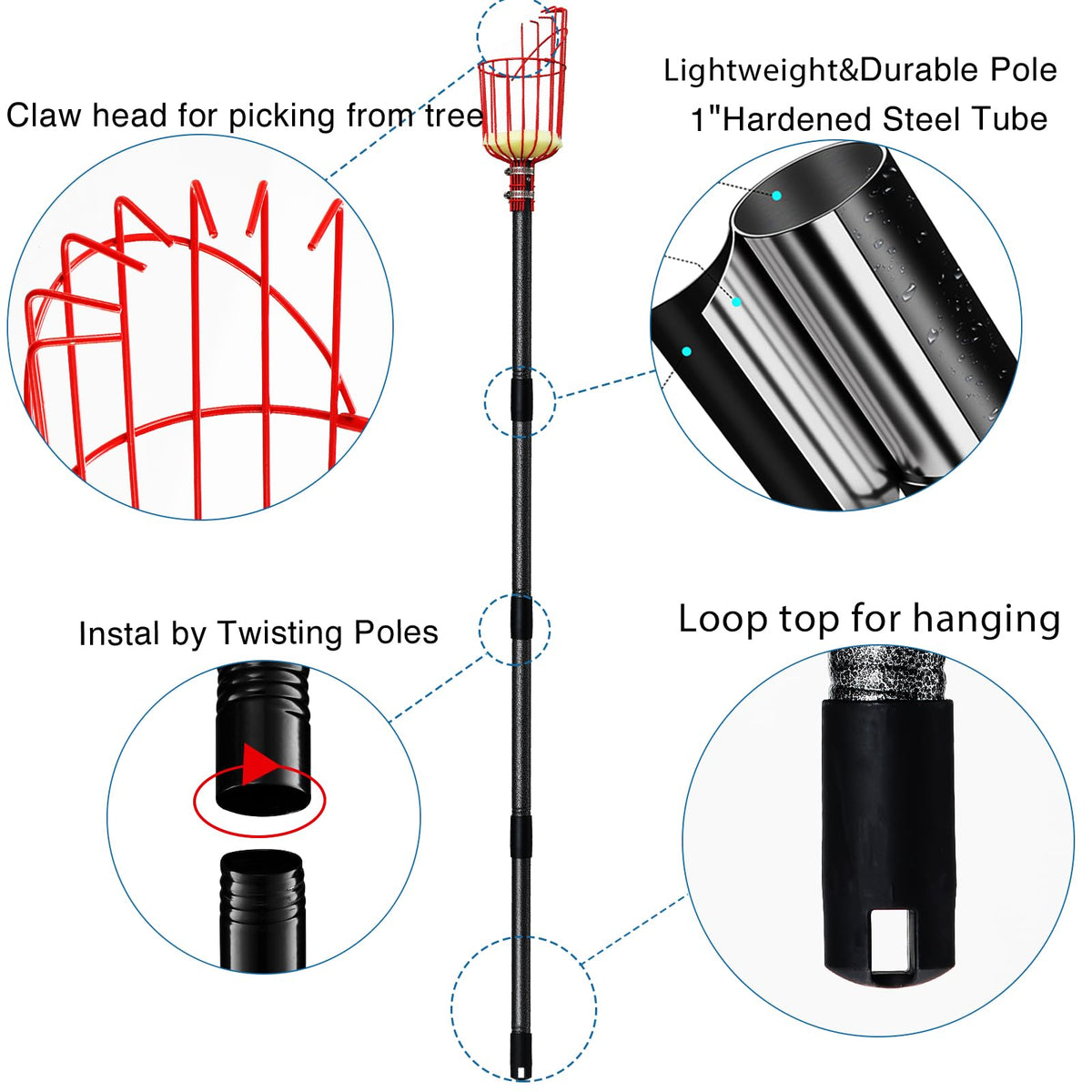 DonSail sturdy stainless steel pole provides durable reach during harvest.