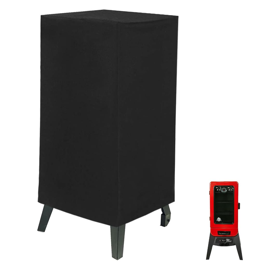 DONSIQIZZ smoker cover fitted on a Pit Boss PBV3G1 vertical smoker for weather protection.