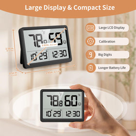 DOOMAY thermometer and hygrometer display — closeup on the clock, calibration, and date features