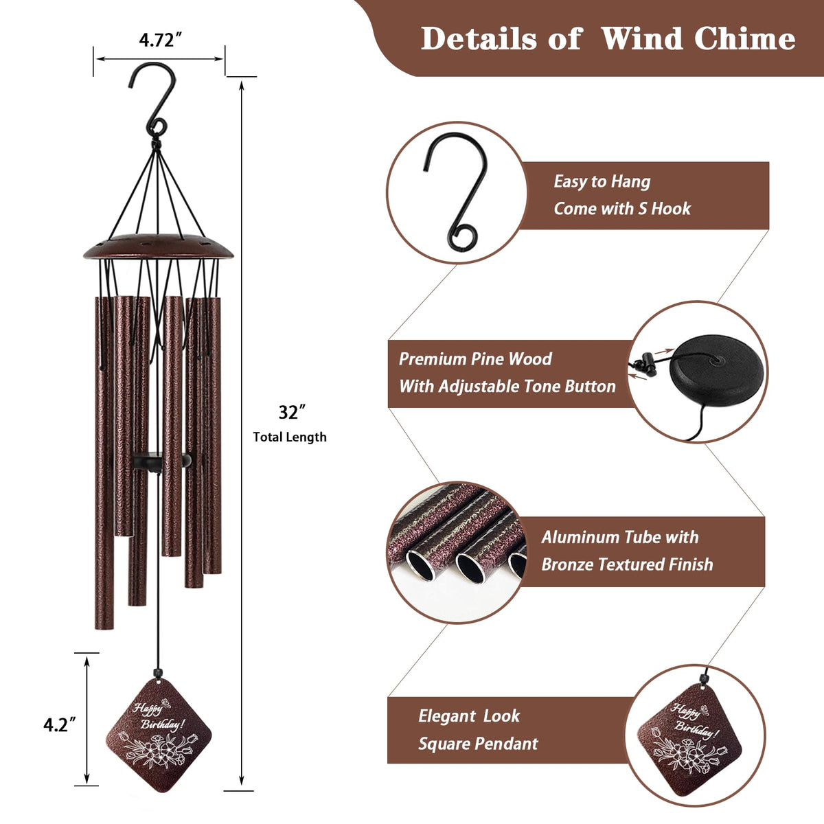 Doopeer wind chime enhances porches and gardens with bronze texture and pleasant notes.