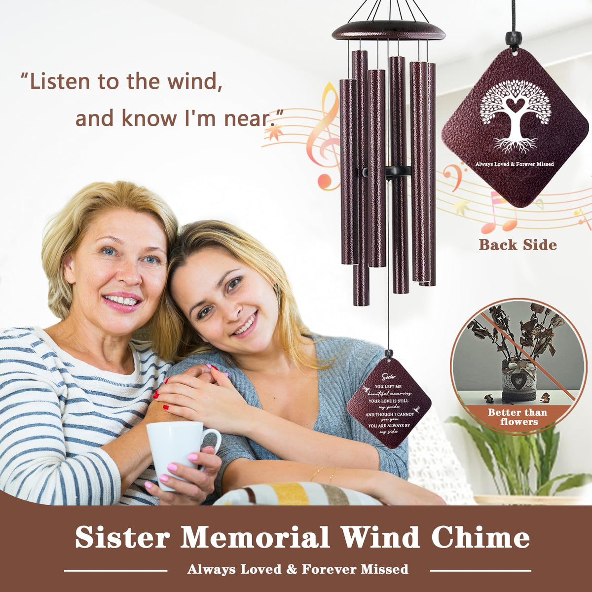 Six tube aluminum wind chime with 10 to 14 inch lengths for varied tones
