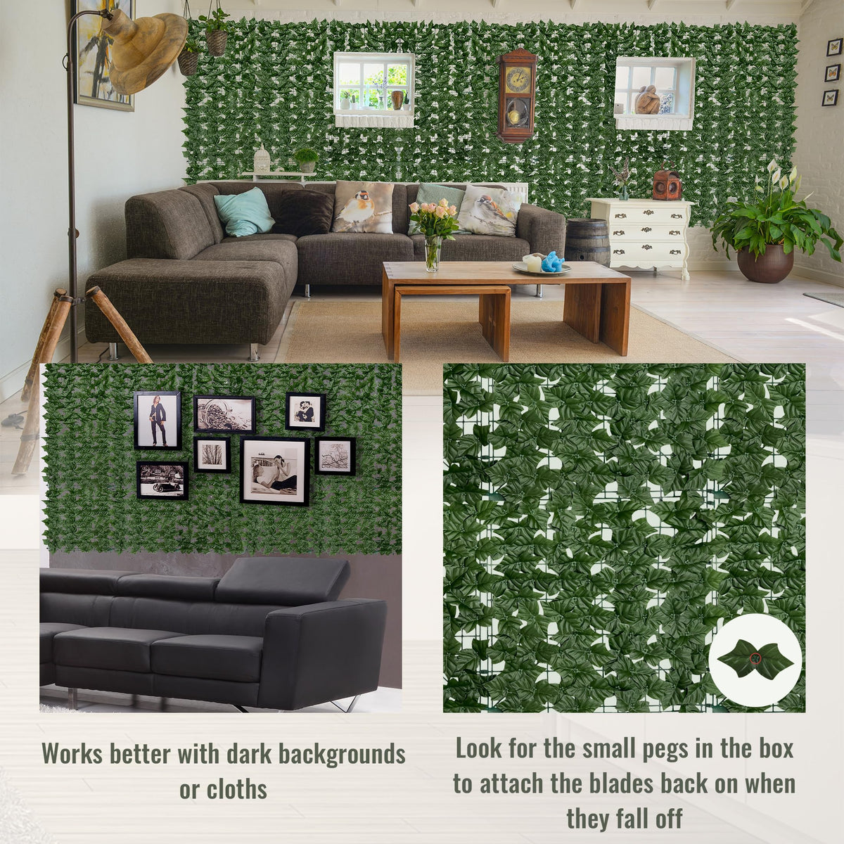 DOPGIB indoor ivy panel creates a green backdrop for living rooms and offices.