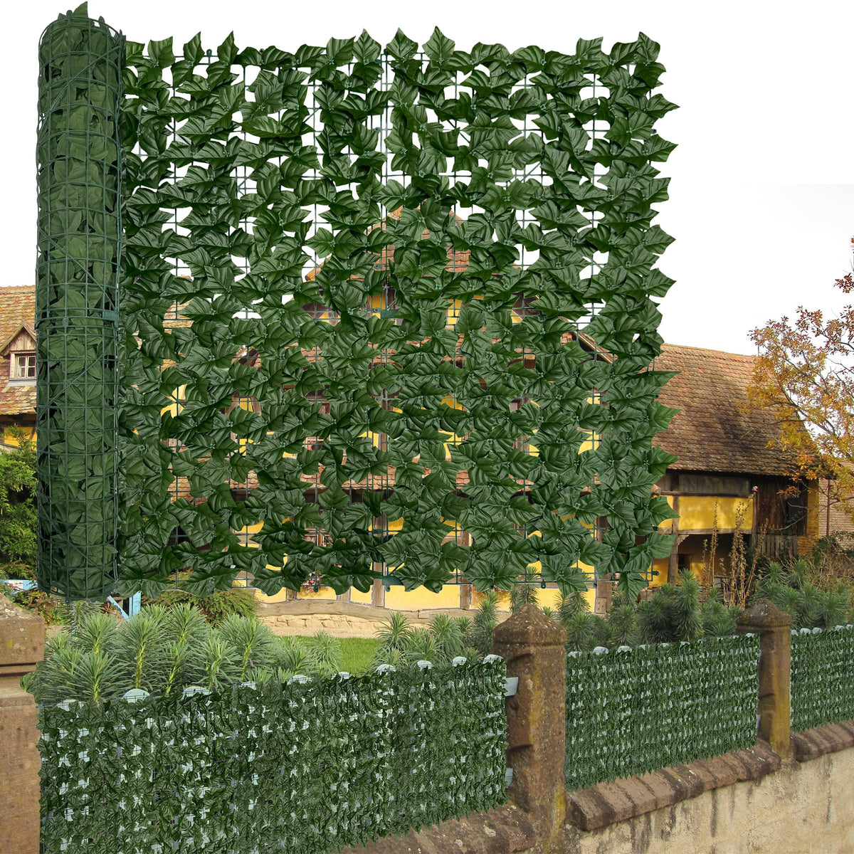 DOPGIB artificial ivy privacy fence 40x140 with realistic leaves for private outdoor backdrop.