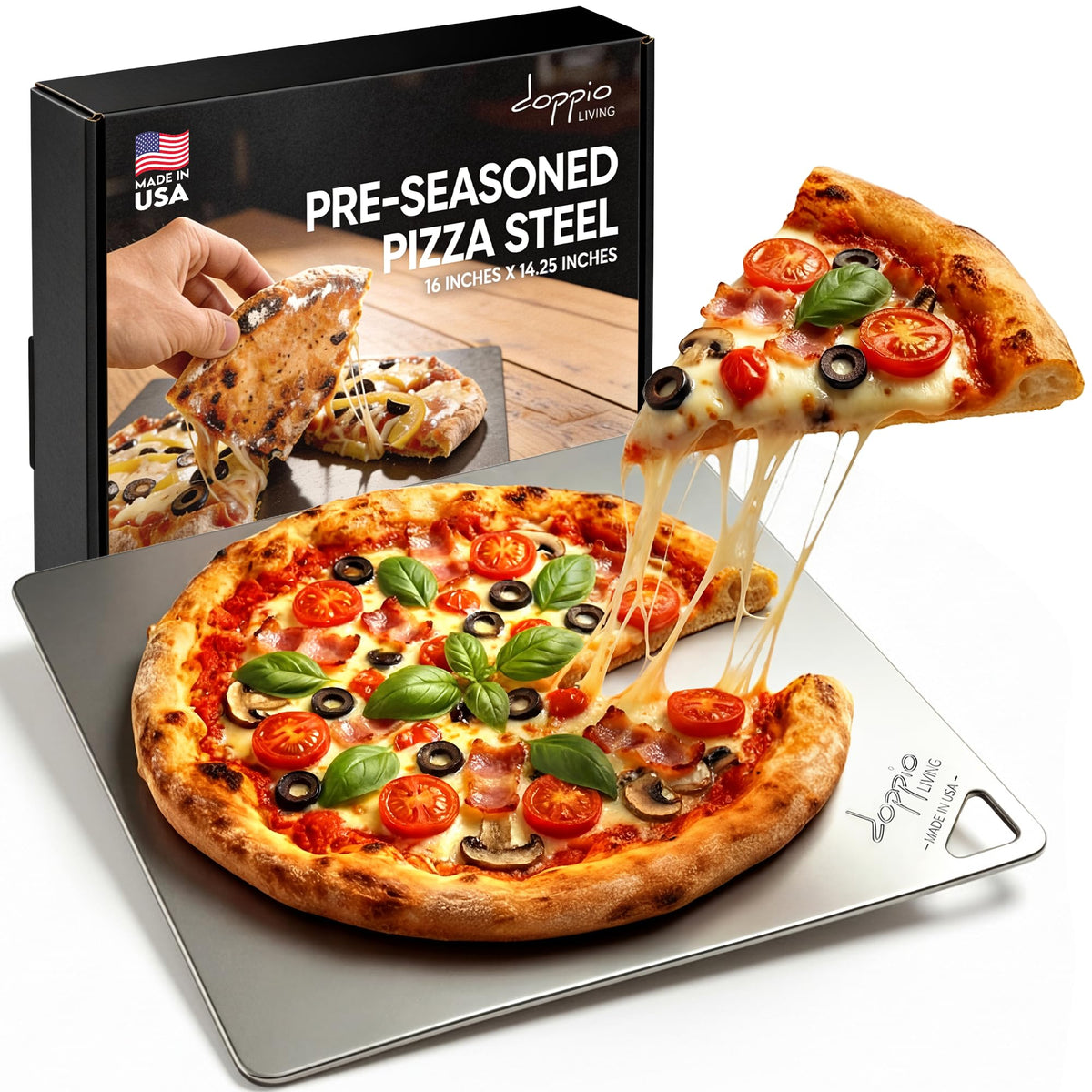Doppio Living pizza steel in oven delivering even heat for crust perfection