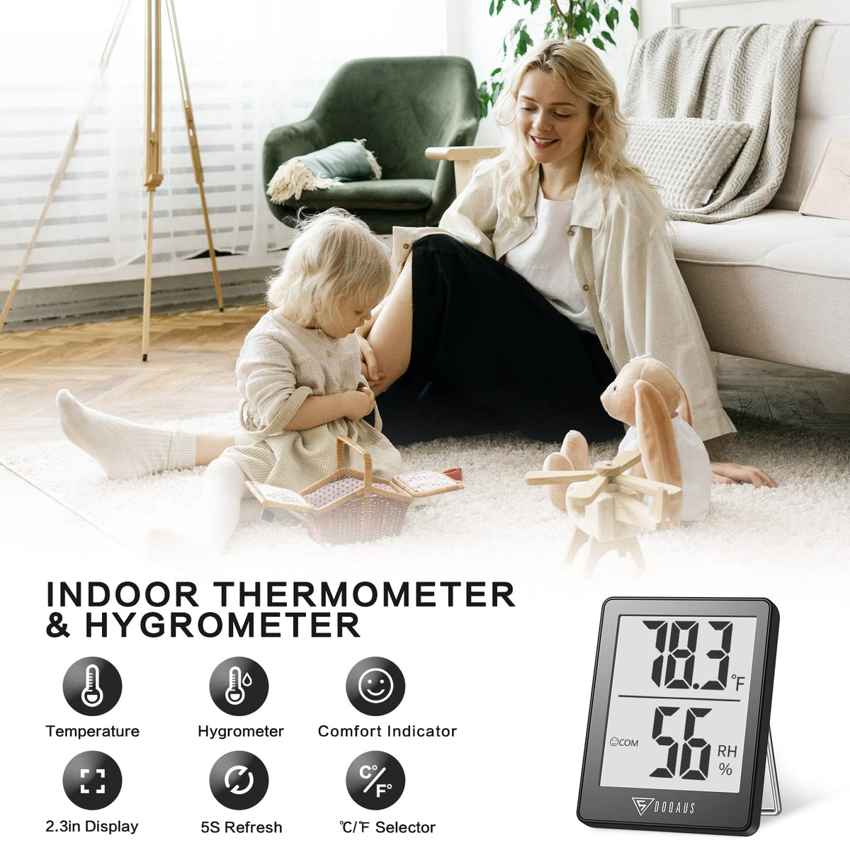 DOQAUS indoor thermometer with 5s refresh updates readings in real time.