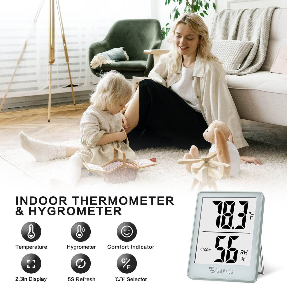 DOQAUS hygrometer with 5-second refresh for real-time room data