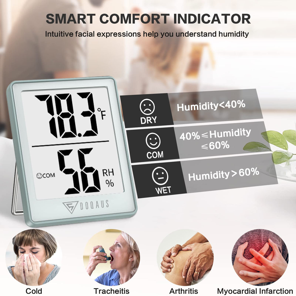 DOQAUS indoor thermometer air comfort indicator for DRY, COMFORT, WET