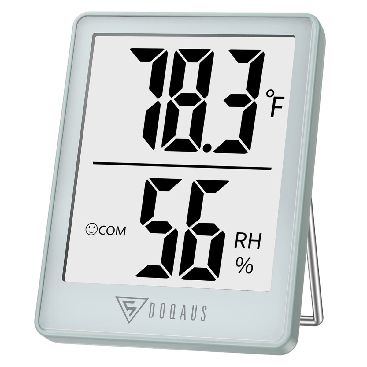 DOQAUS digital hygrometer with clear LCD showing temperature and humidity