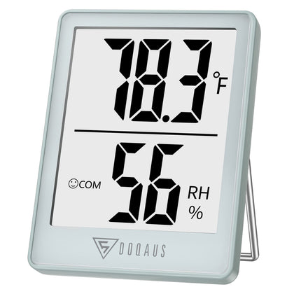 DOQAUS digital hygrometer with clear LCD showing temperature and humidity