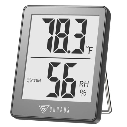 DOQAUS digital hygrometer front display shows temperature and humidity at a glance.