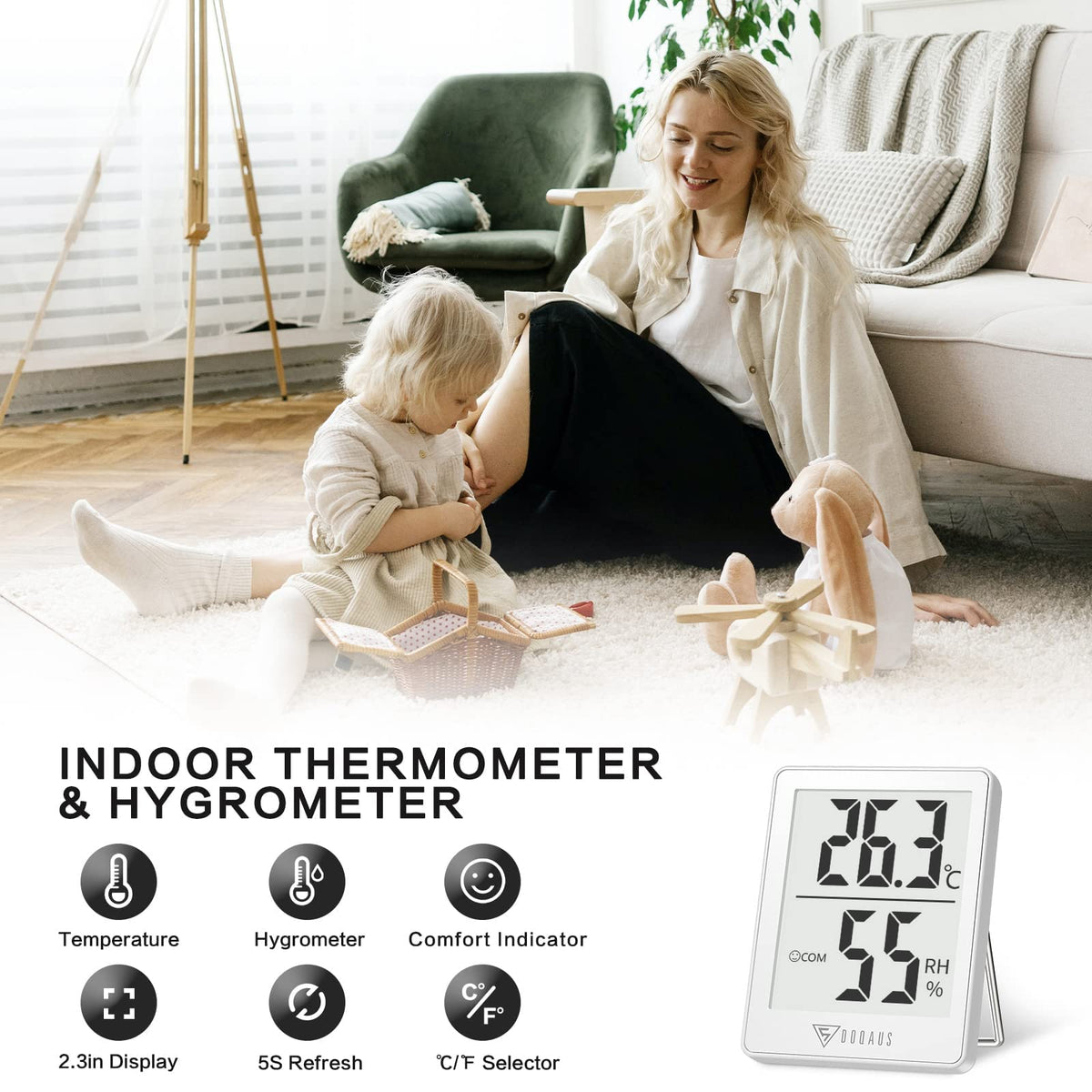 DOQAUS digital hygrometer LCD display for easy room readings.