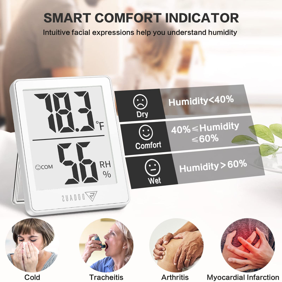 DOQAUS humidity comfort indicator shows dry, comfortable, or wet conditions.