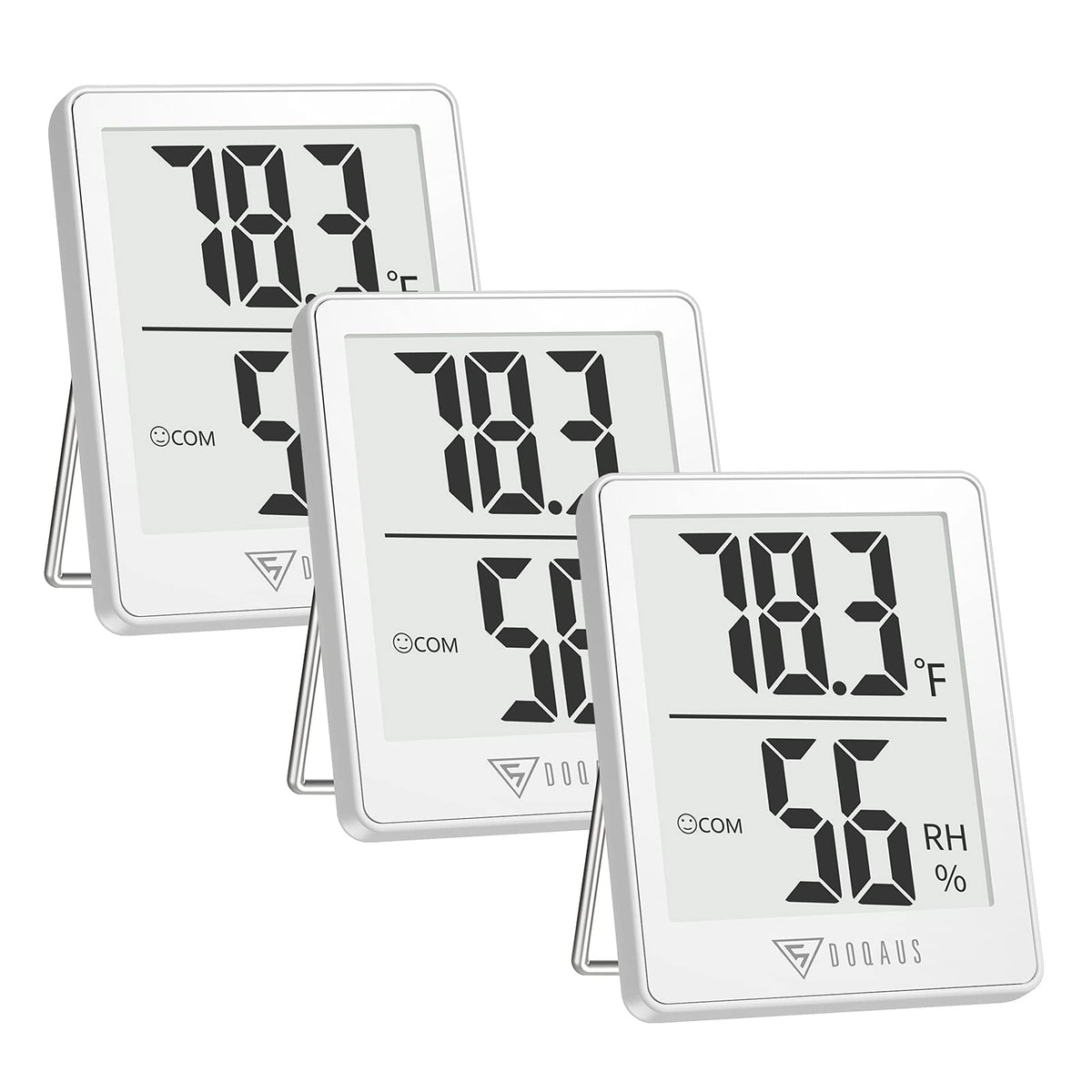 DOQAUS indoor thermometer 3-pack with clear room temperature and humidity readings.