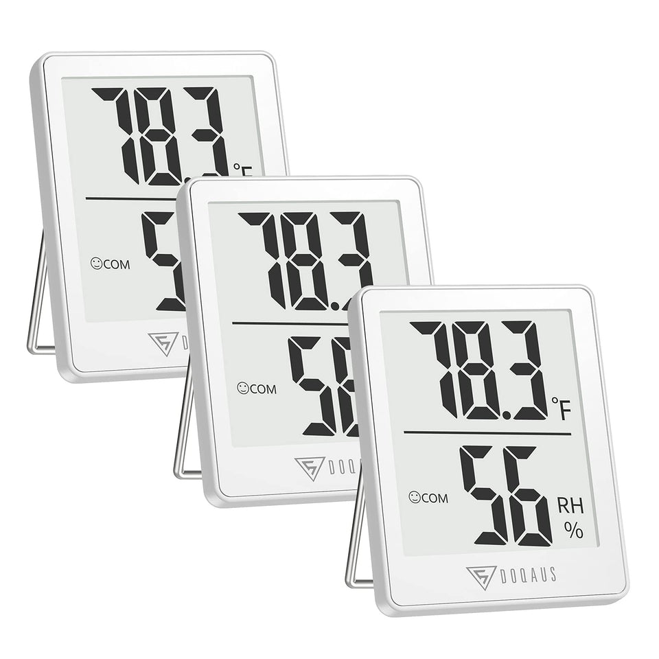 DOQAUS indoor thermometer 3-pack with clear room temperature and humidity readings.
