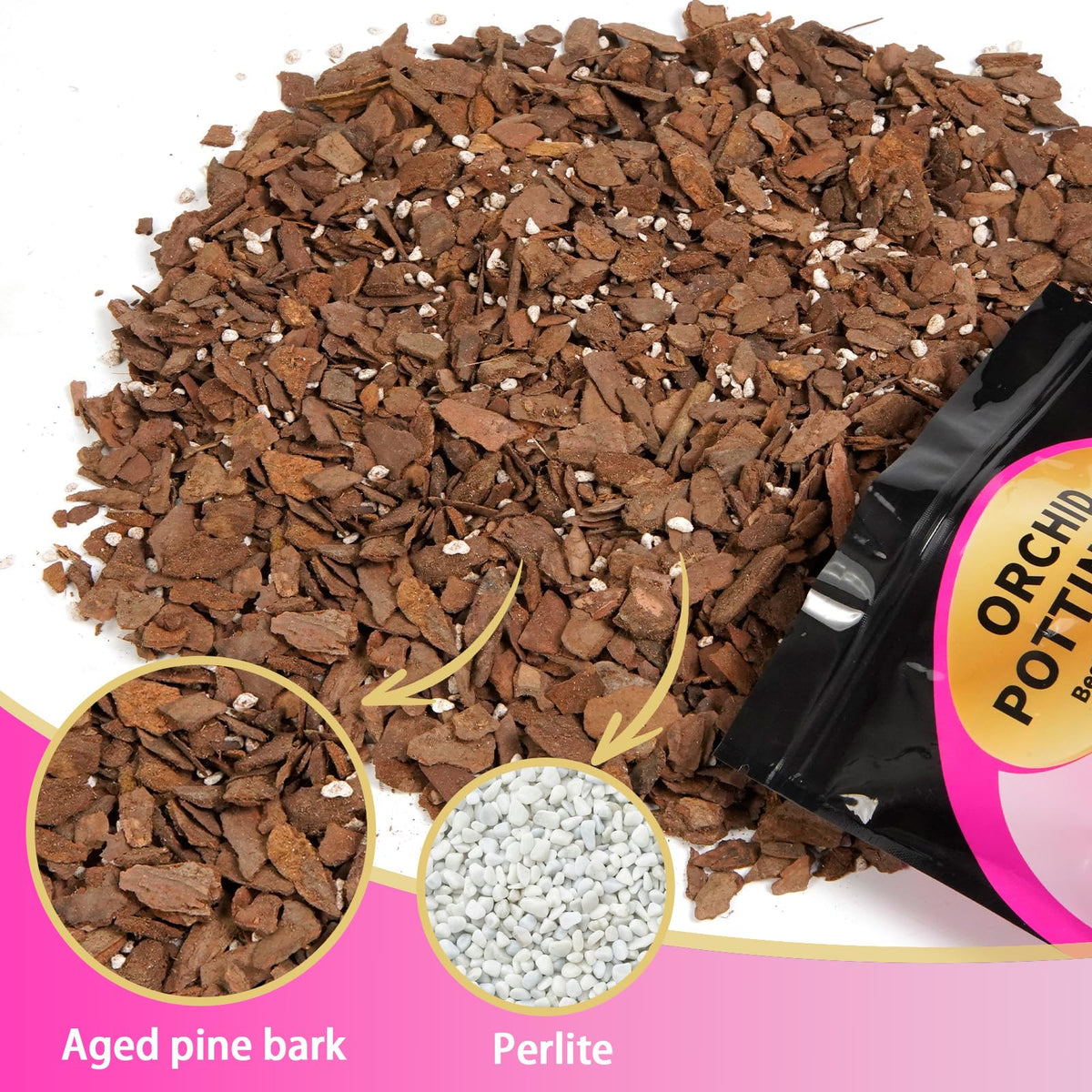 Doter orchid bark-perlite blend closeup emphasizes airy texture for roots.