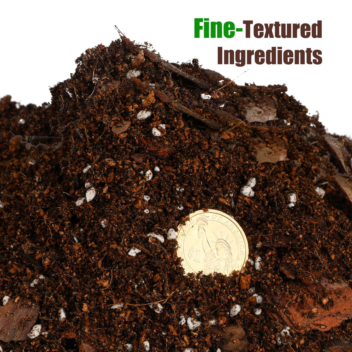 Close up of organic compost texture in Doter soil mix promoting nutrient rich growth.