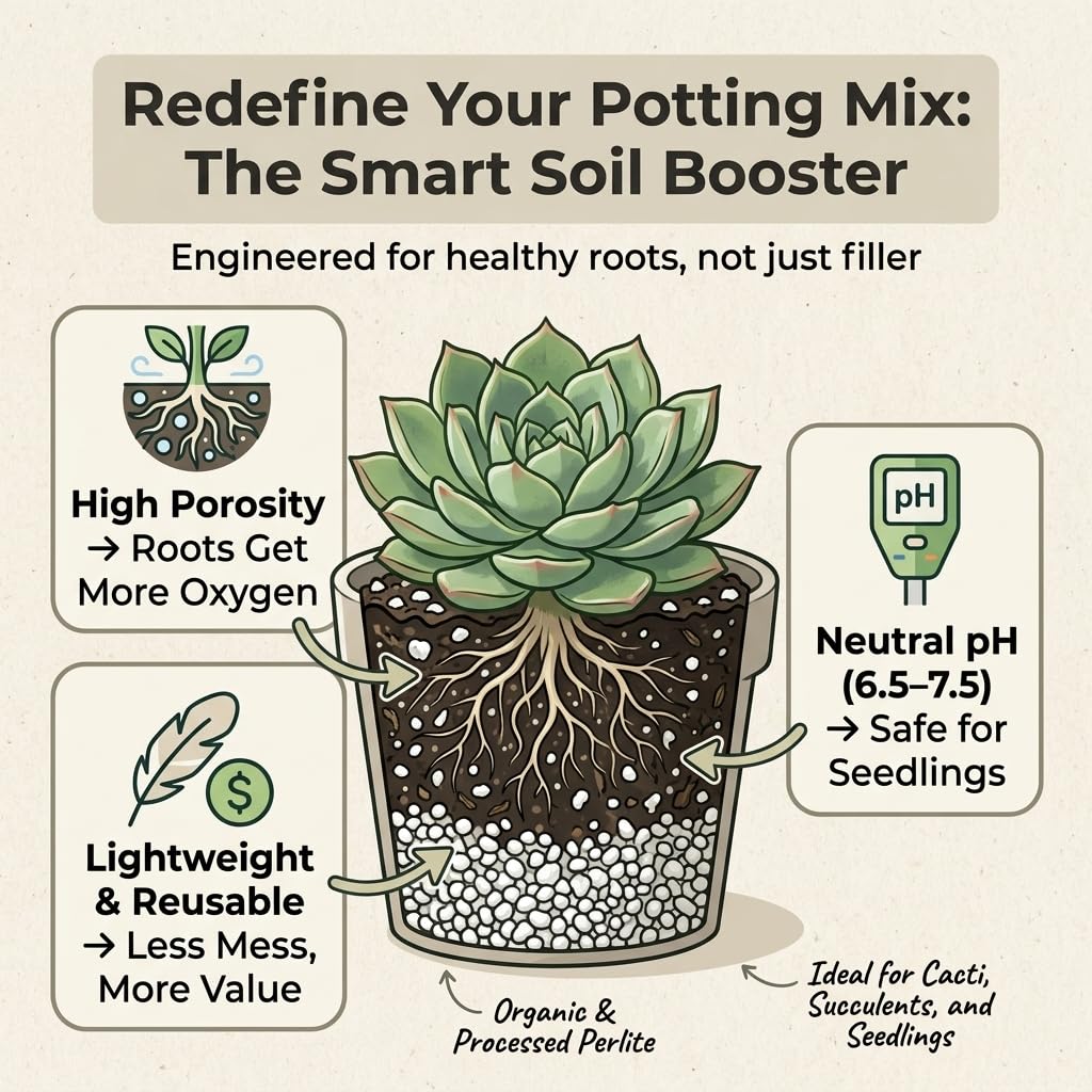 Doter Organic Perlite bag illustrates drainage for indoor and outdoor planters.