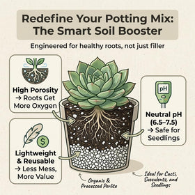 Doter Organic Perlite bag illustrates drainage for indoor and outdoor planters.
