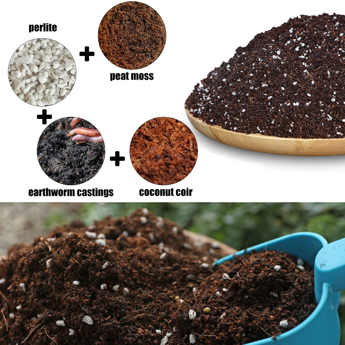 Close-up of Doter soil mix in a container, ideal for small pots and herbs.