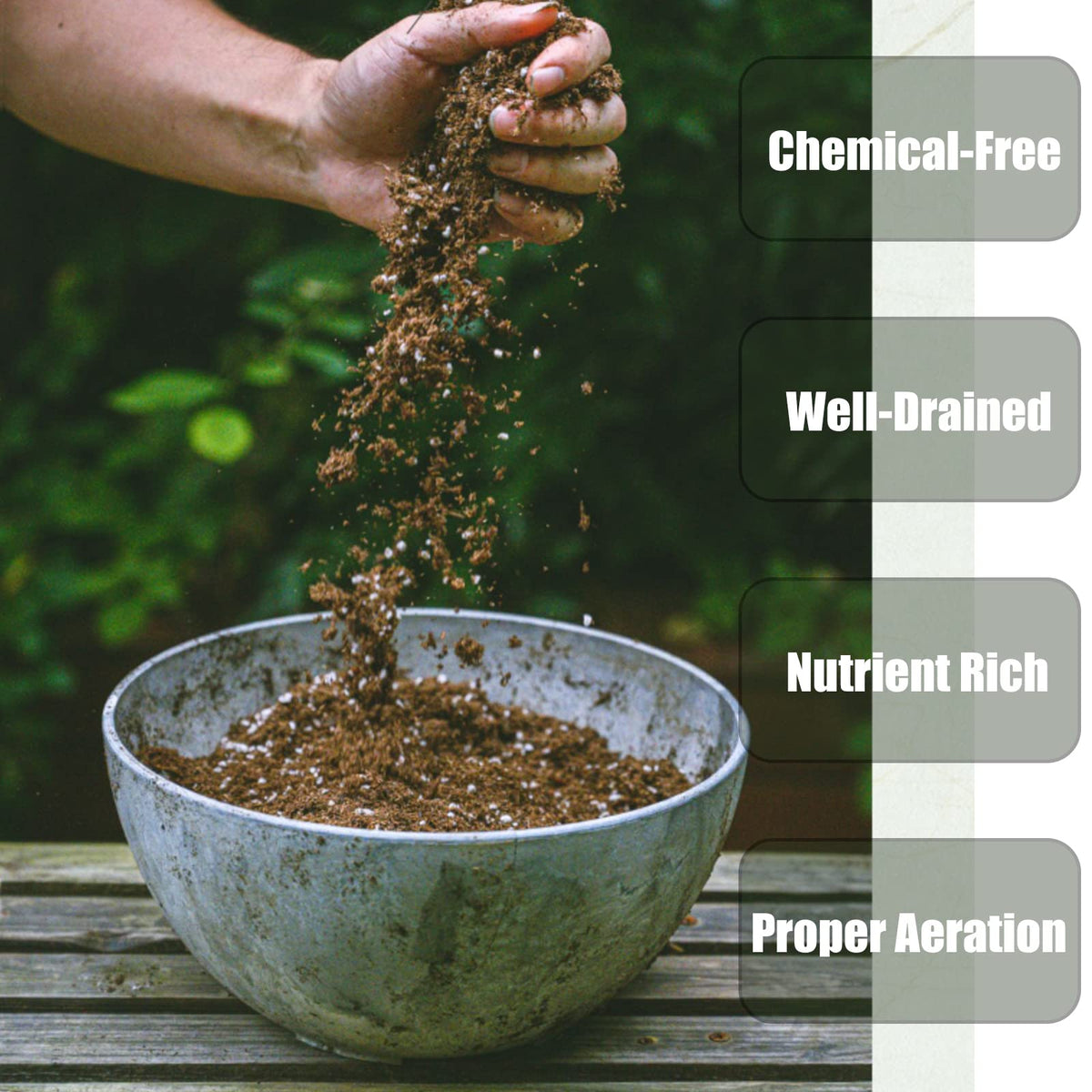 Texture close-up showing peat moss and perlite for airy drainage in soil mix.