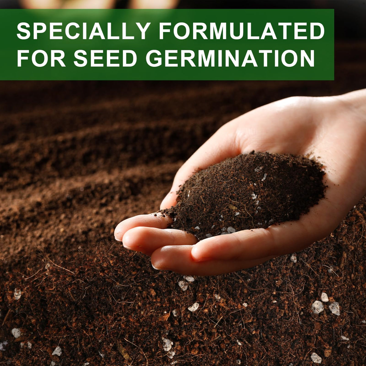Doter seed starter soil mix close-up showing crumbly loamy texture for drainage.