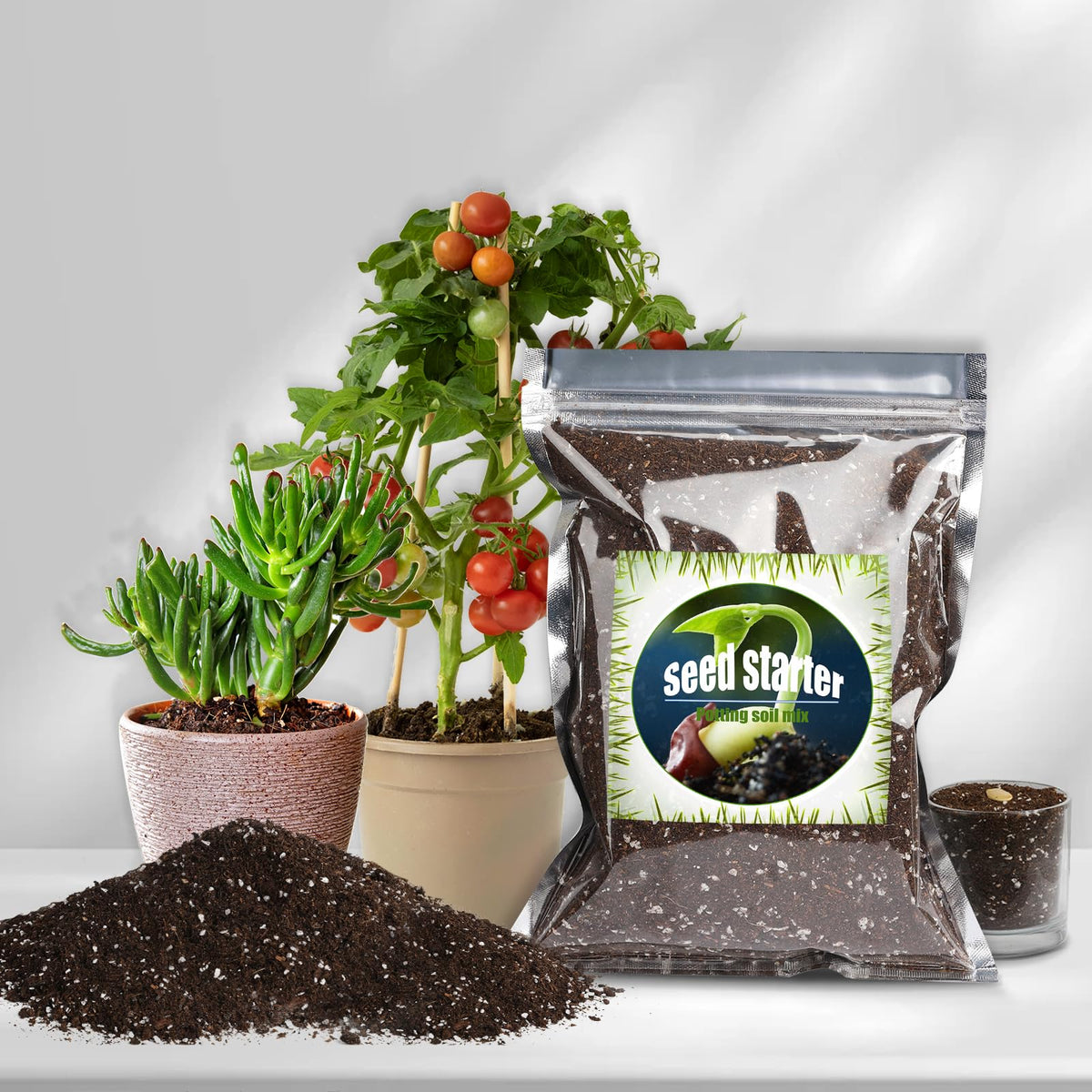 Doter seed starter mix texture closeup, airy blend aiding root growth
