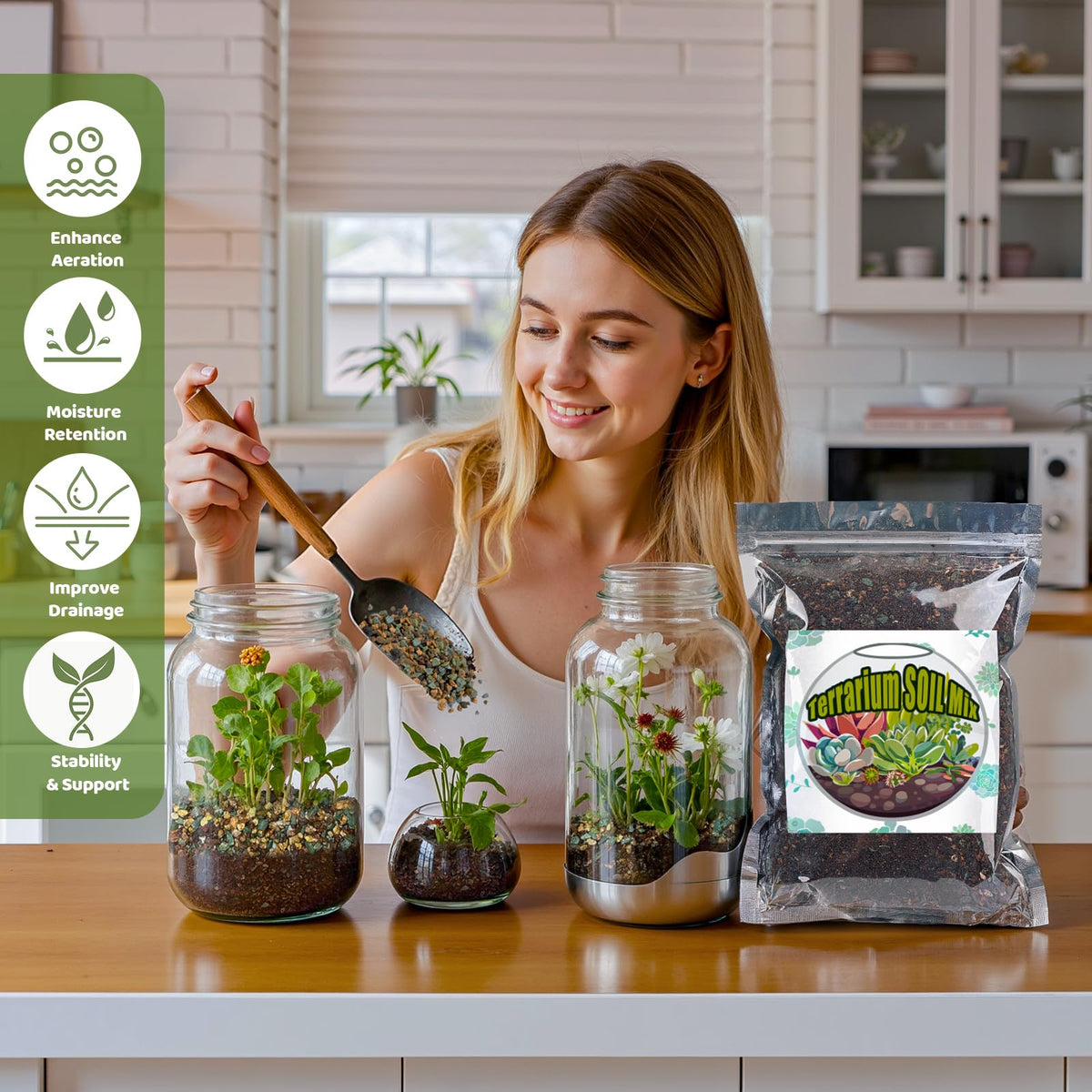 Doter mix used in a lush terrarium, showing vibrant greenery