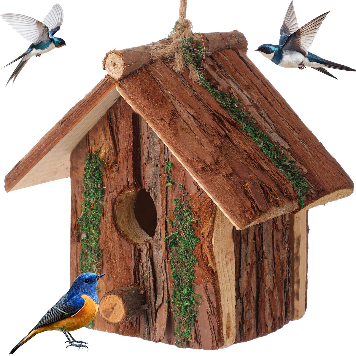 DoubleFill moss-accent birdhouse hanging design enhances garden birds