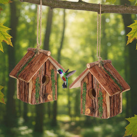 DoubleFill moss-covered birdhouse adds natural texture to the garden