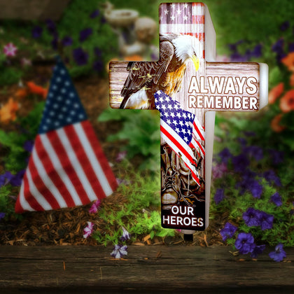 DoubleFill Memorial Day cross solar lighted stake illuminates outdoor spaces at night.