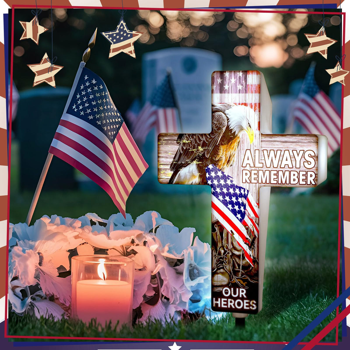 DoubleFill yard stake lights suit 4th of July and Veterans Day gatherings.