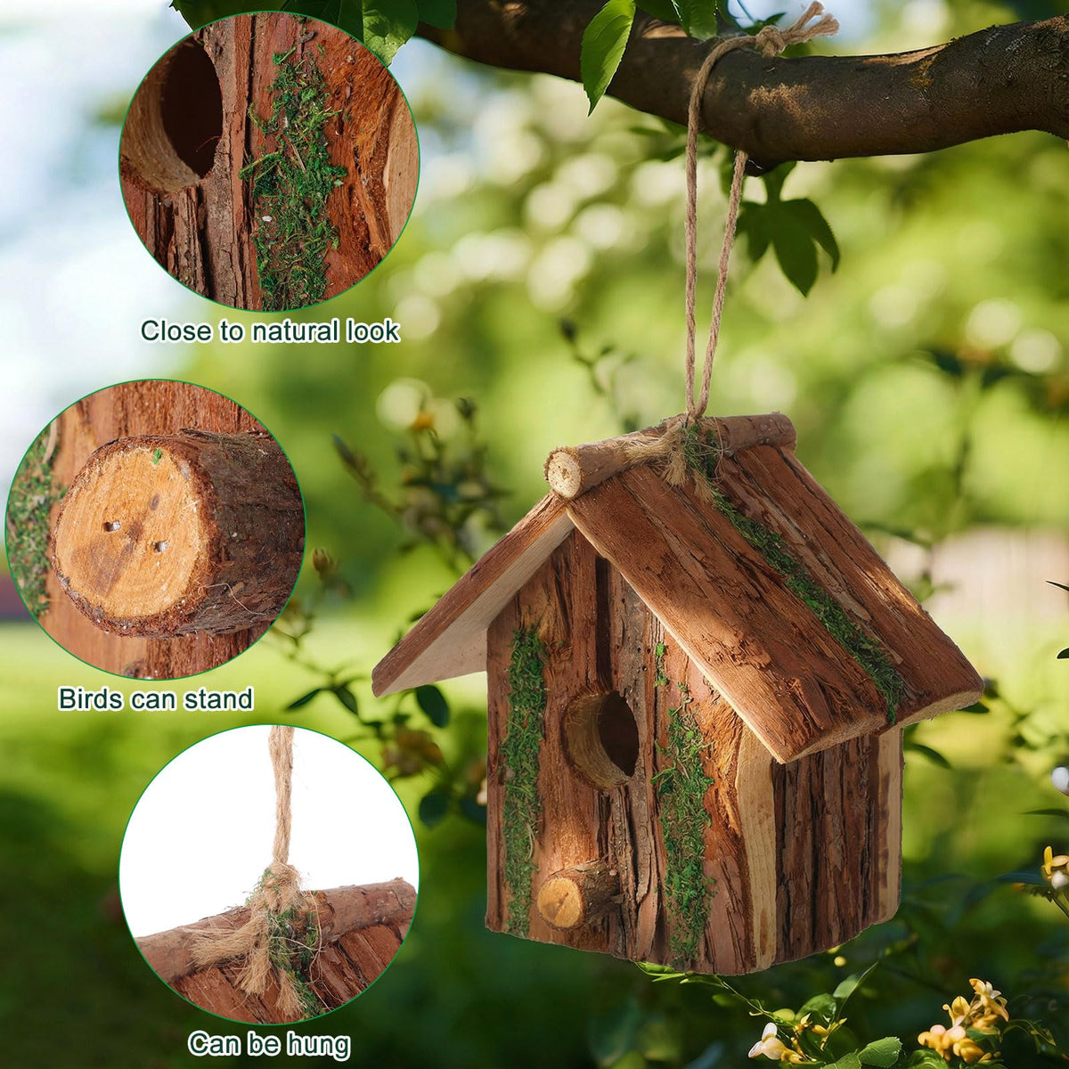 DoubleFill outdoor wooden birdhouse ready to hang outdoors