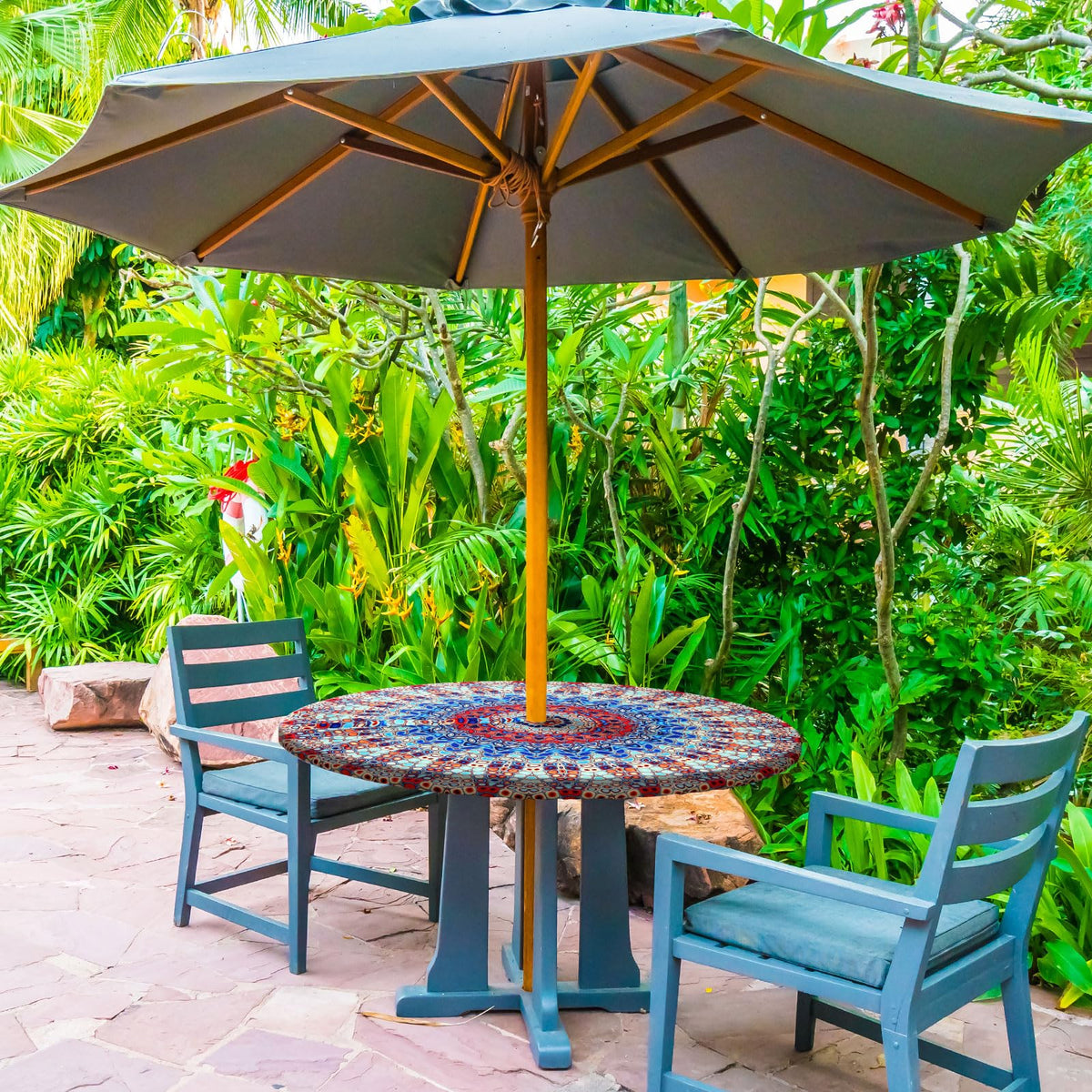 DoubleFill round tablecloth ideal for patios, picnics, and camping.