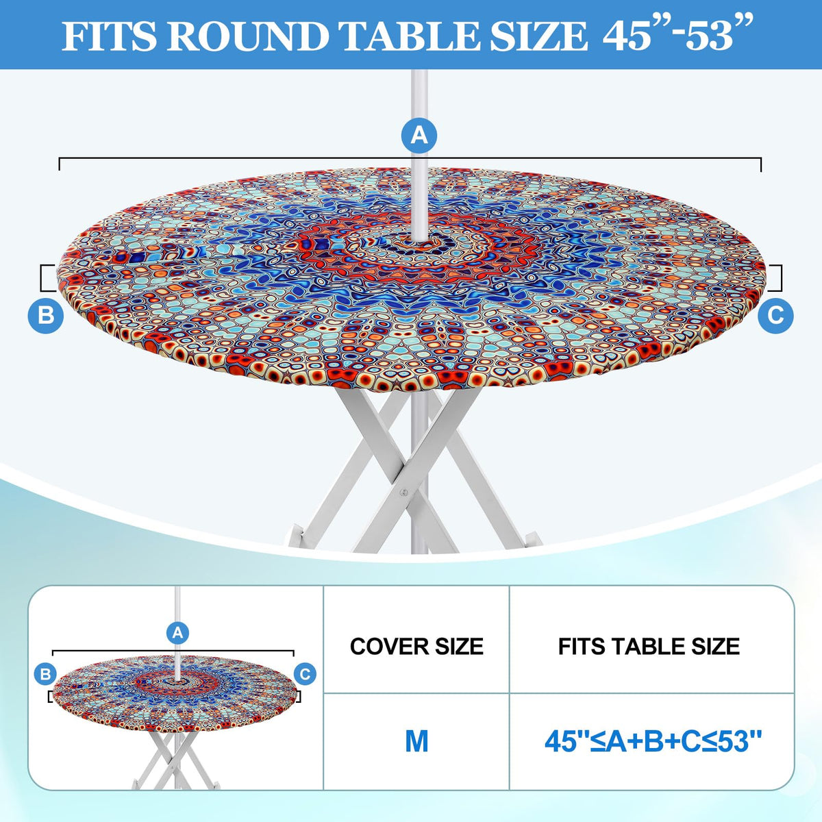 DoubleFill elastic-edge round tablecloth keeps the cover secure on windy days.