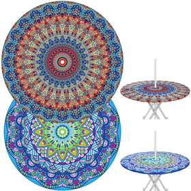 DoubleFill mandala round tablecloth with umbrella hole for outdoor dining.