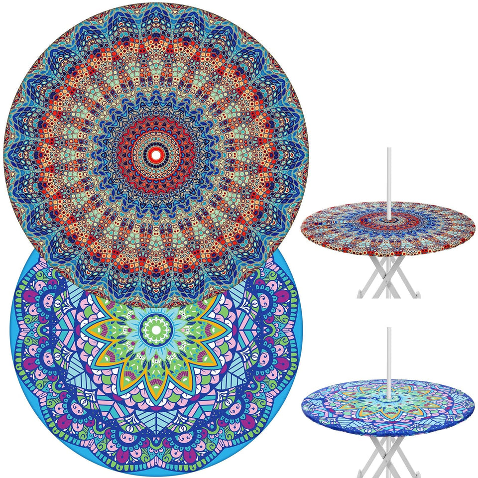 DoubleFill mandala round tablecloth with umbrella hole for outdoor dining.
