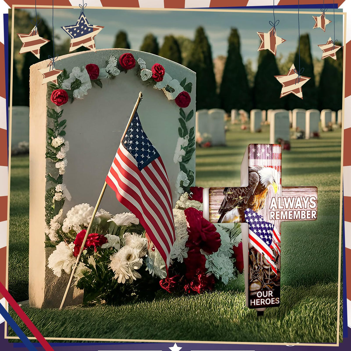 DoubleFill solar cross ornament with eagles and flags enhances yard decor after dusk.