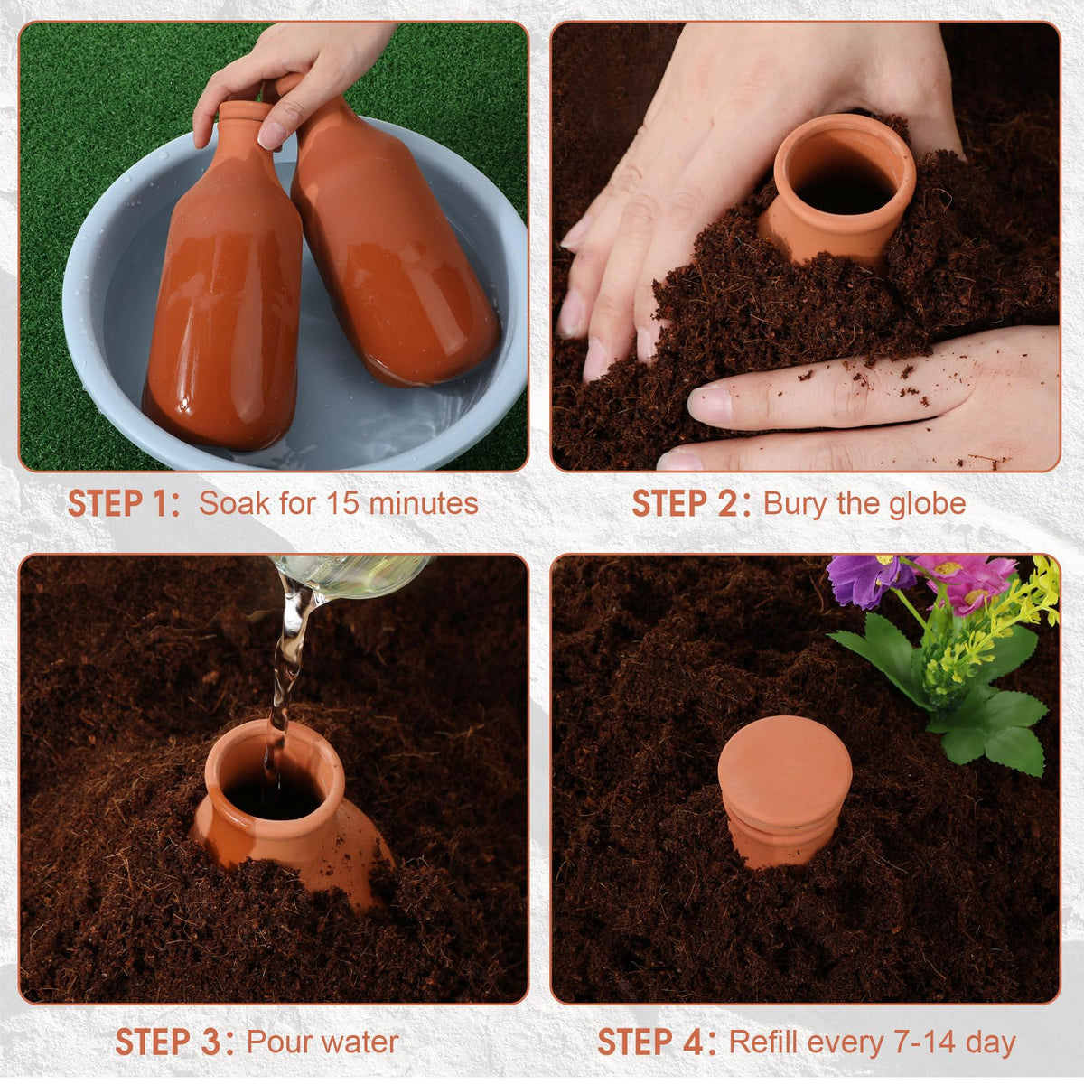 DoubleFill terracotta globes buried near roots provide slow irrigation