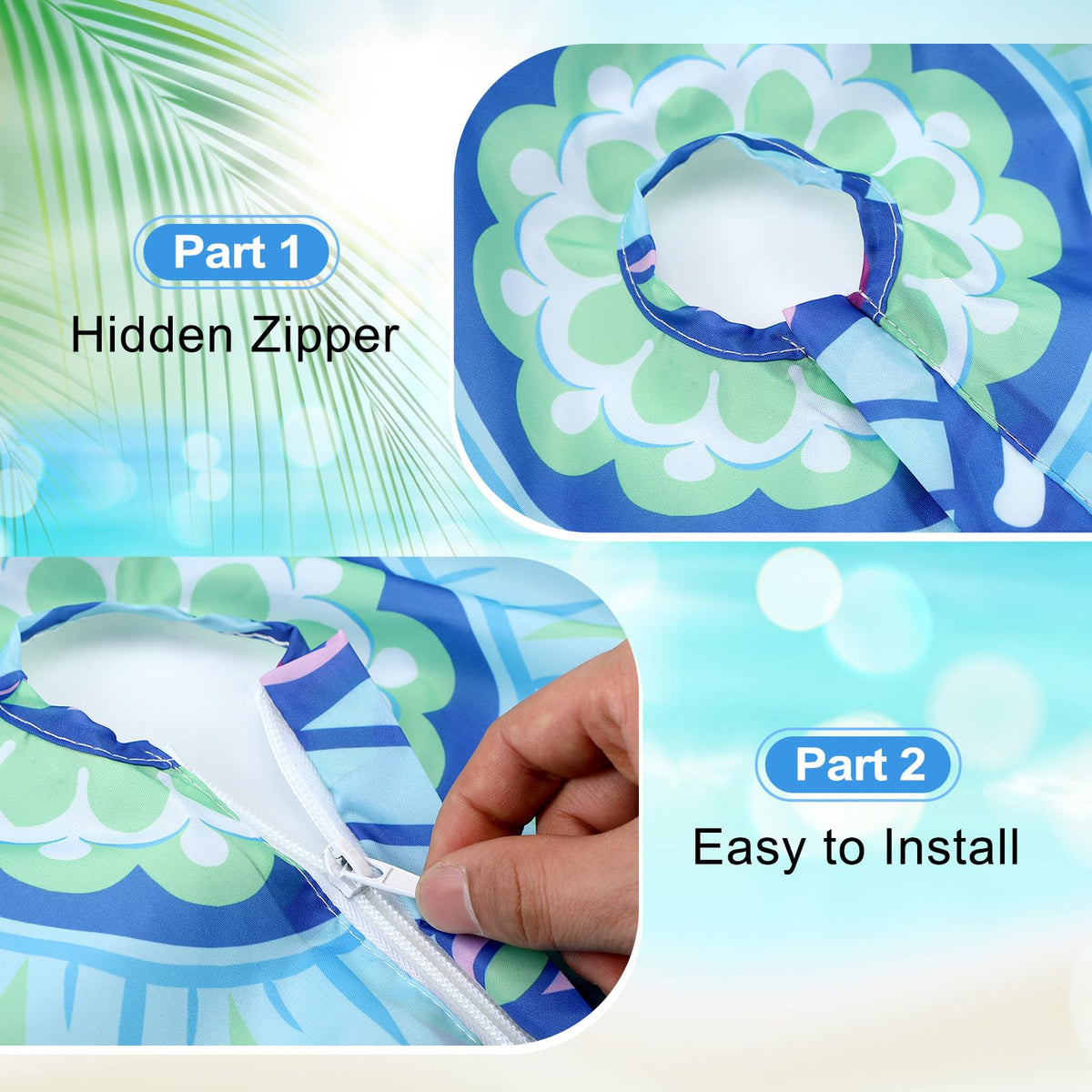 DoubleFill umbrella-hole tablecloth with zipper allows easy setup without removing the pole.