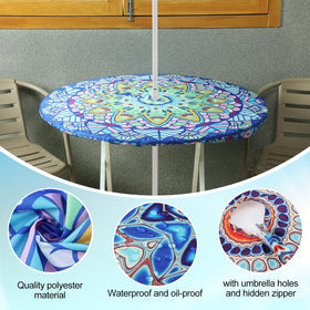 DoubleFill waterproof polyester tablecloth protects the table from spills.