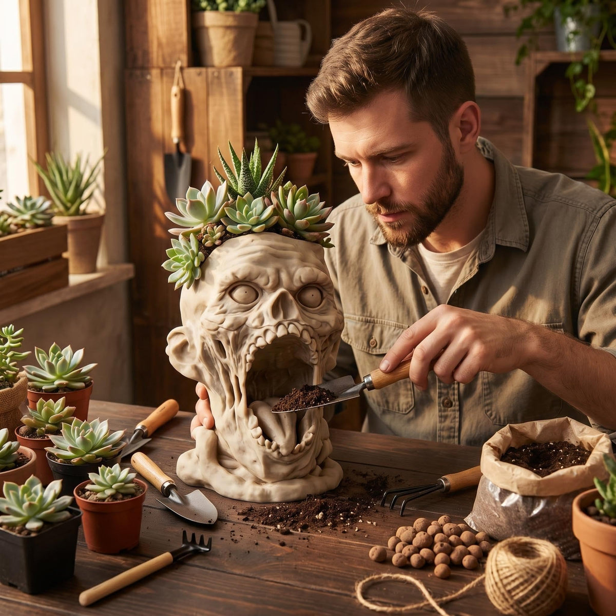 Halloween scene with Doudouhua skull planter as spooky decor