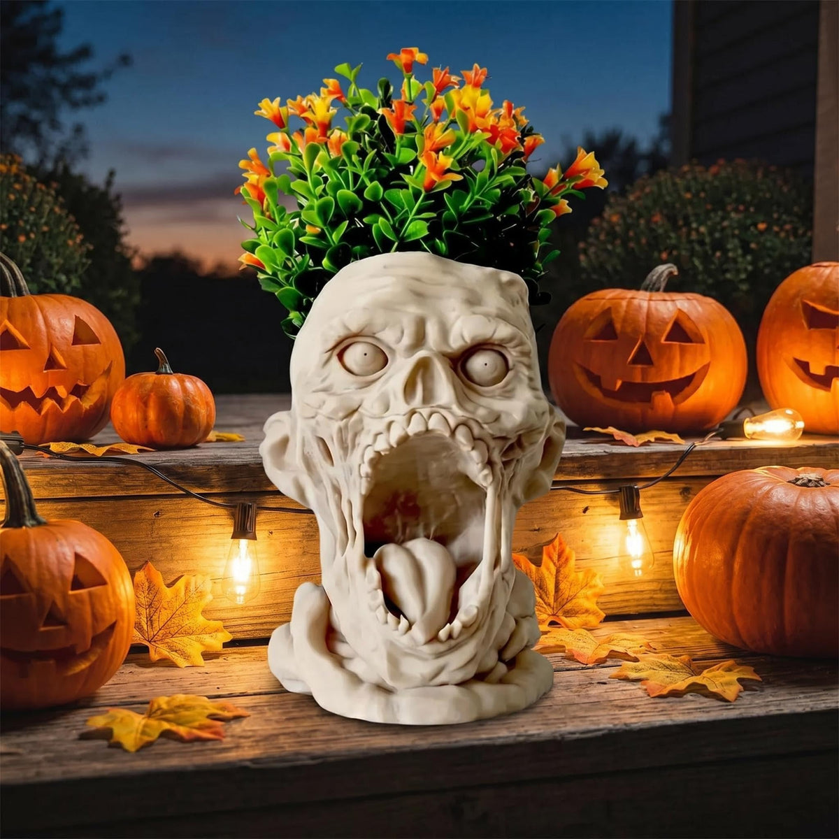 Outdoor placement of Doudouhua skull planter withstands weather