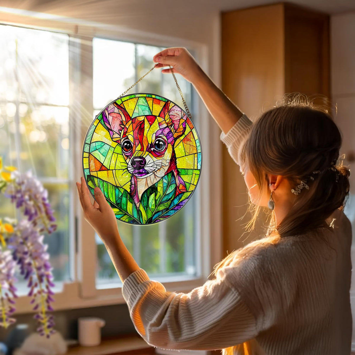 DOUHASU Chihuahua stained glass dog suncatcher adds colorful focal point
