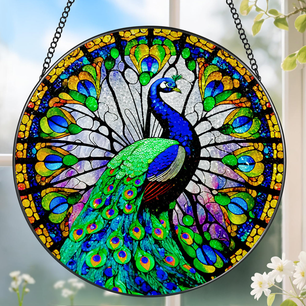 DOUHASU peacock suncatcher 8-inch casts vibrant rainbow light in sunlit windows.