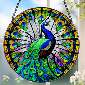 DOUHASU peacock suncatcher 8-inch casts vibrant rainbow light in sunlit windows.