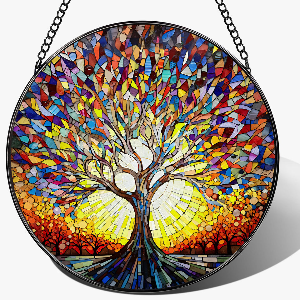 DOUHASU Tree of Life stained glass suncatcher brightens sunny window.