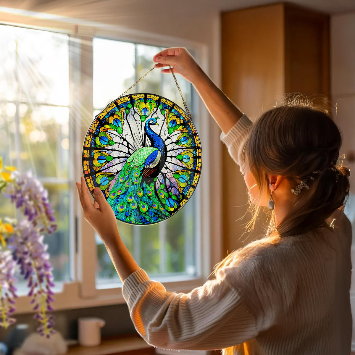DOUHASU stained-glass window hanging adds rich color and artisan charm.