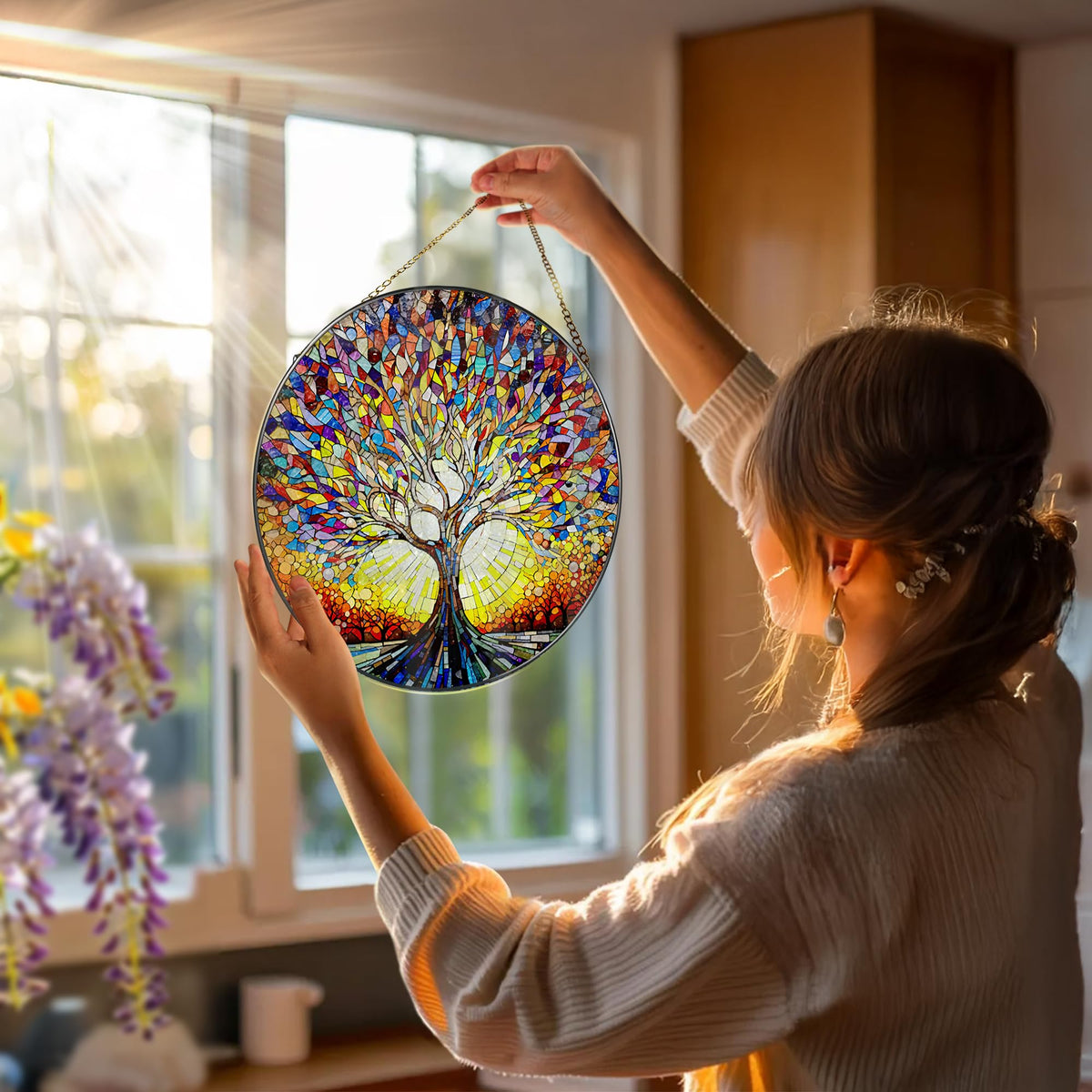 DOUHASU Tree of Life stained glass suncatcher adds color to space.