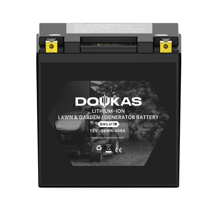 DOUKAS DKLU1R battery mounted on mower for reliable starts