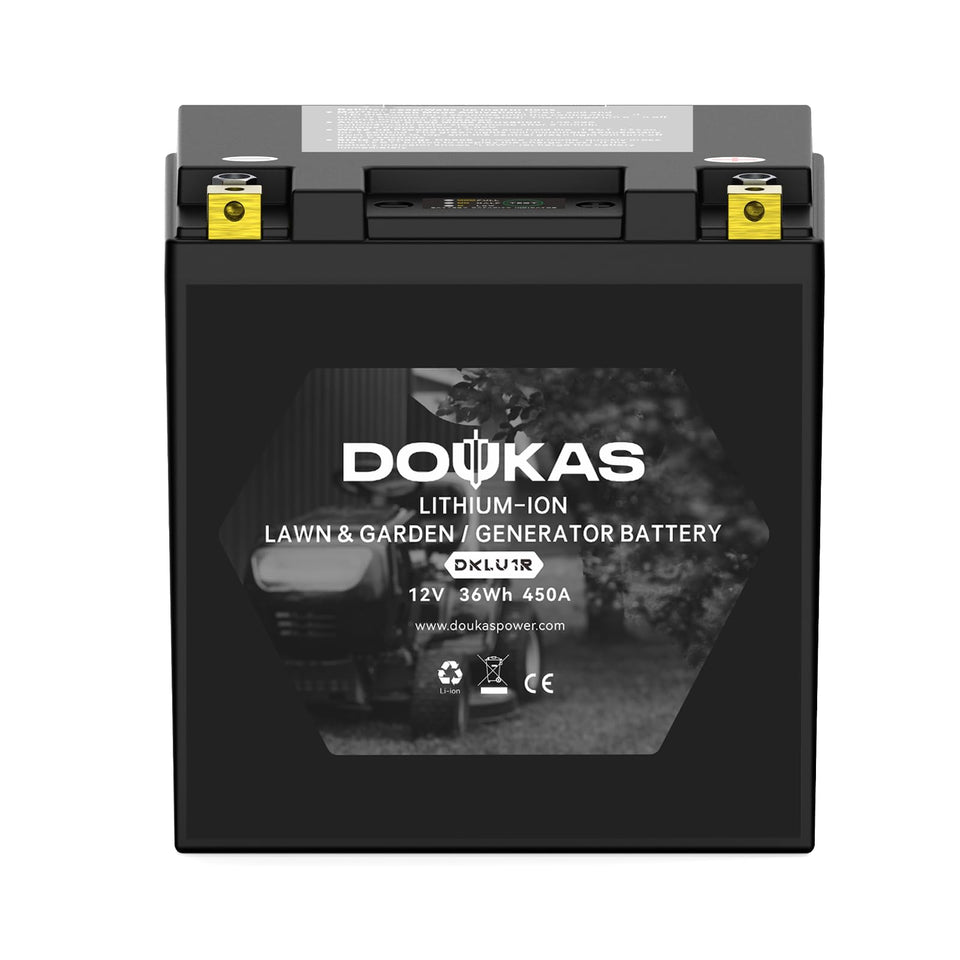 DOUKAS DKLU1R battery mounted on mower for reliable starts